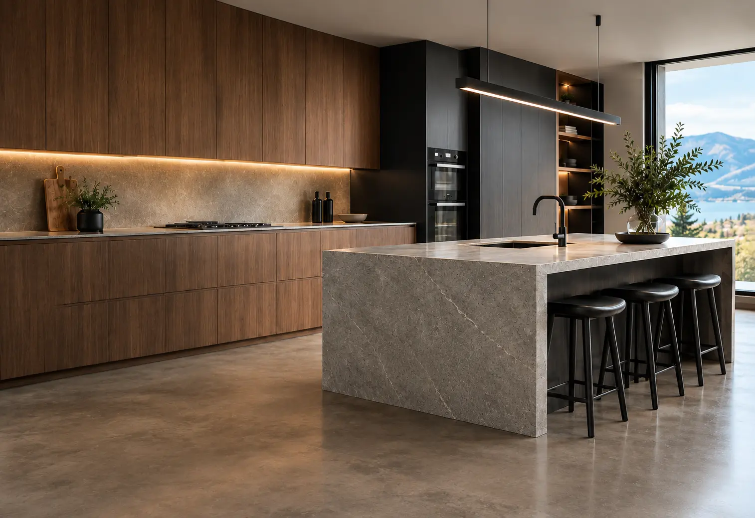 Concept render of a dark walnut kitchen with grey stone island on a polished concrete floor