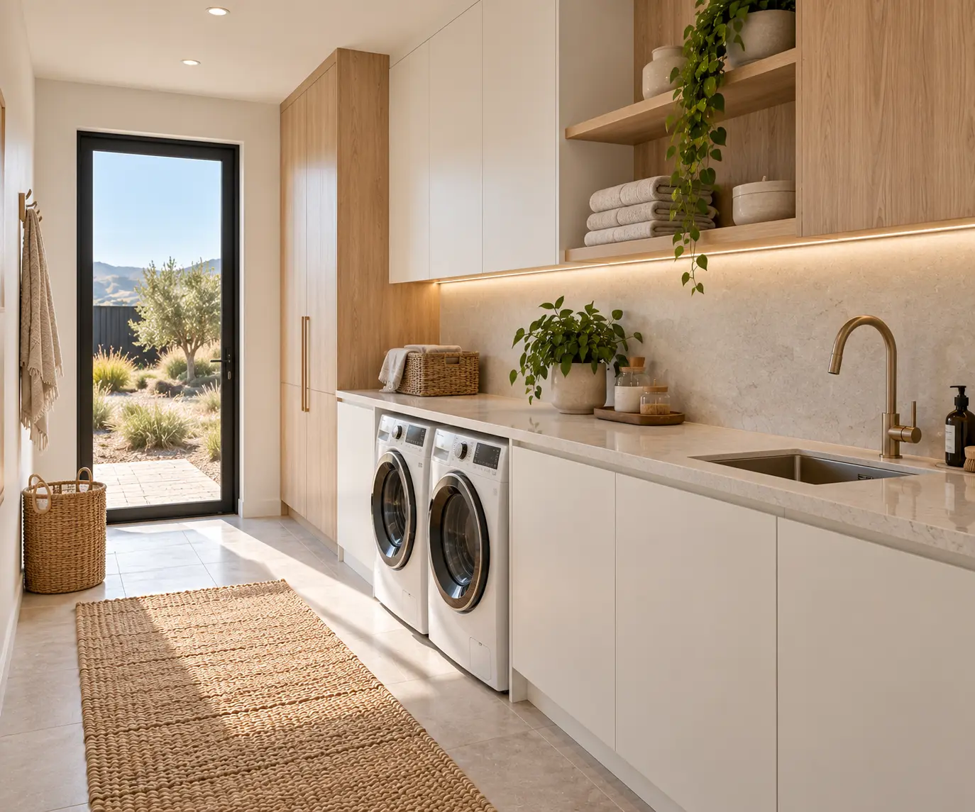 Concept render of a bright laundry with oak and white cabinetry, stone bench and garden door