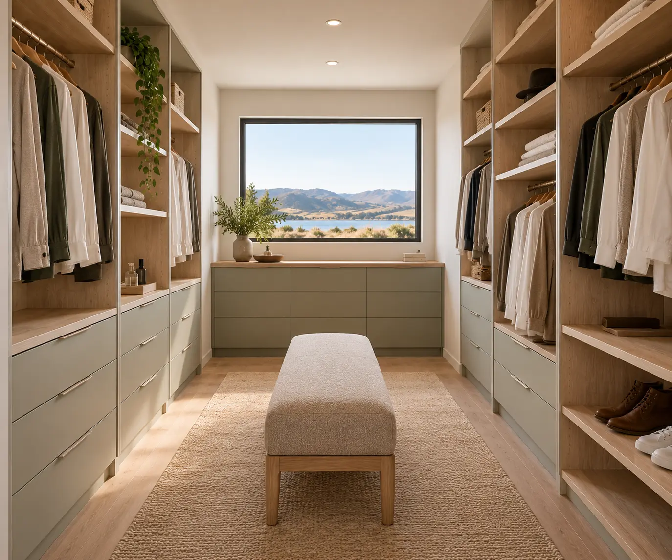 Concept render of a walk-in wardrobe with oak shelving, sage drawers and a lake view window