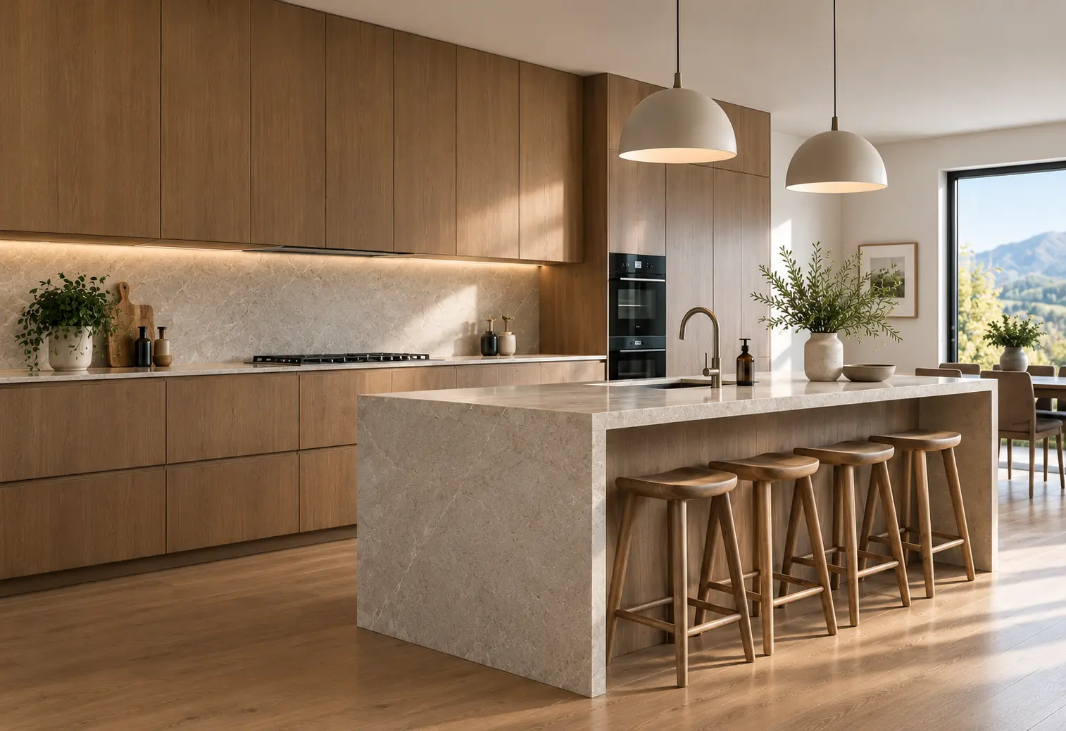 Concept render of a warm oak kitchen with stone island, timber stools and dome pendant lights