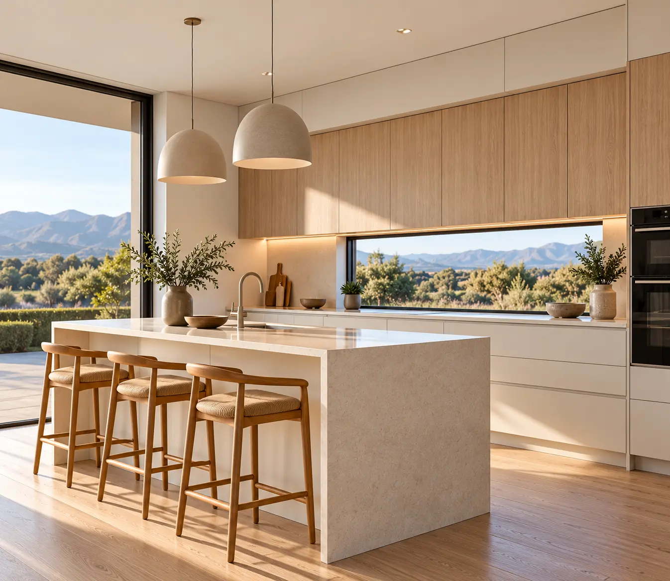 Concept render of a light oak and white kitchen with window splashback and mountain views